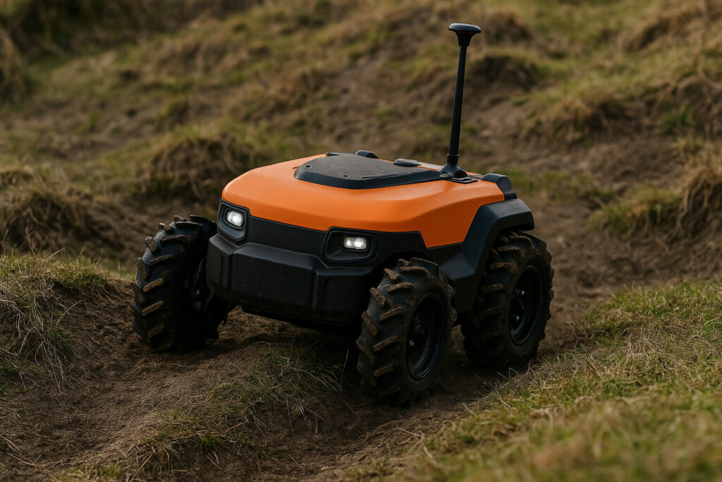 Robotic lawn mower on rough terrain with deep tread tyres and RTK GPS system