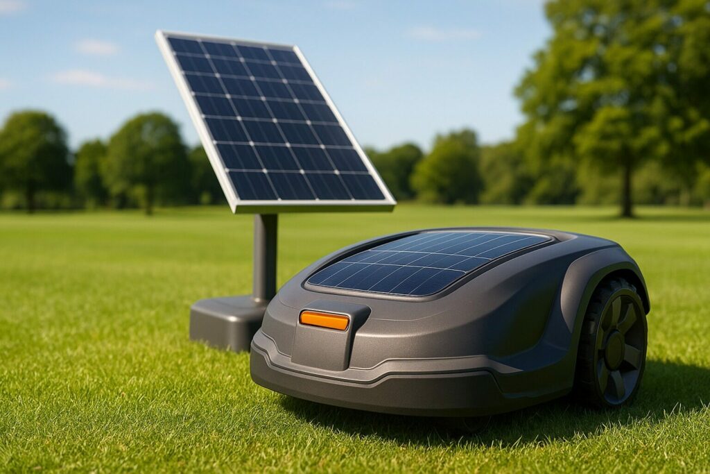 Solar-powered robot lawn mower beside a solar charging panel on a green lawn