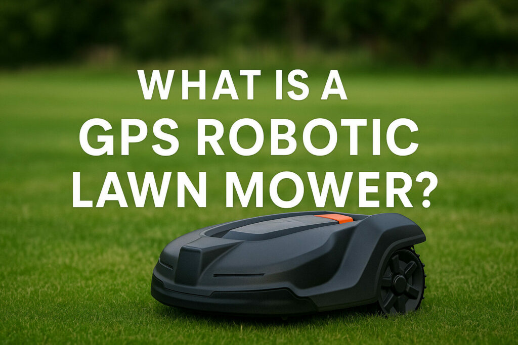 GPS robotic lawn mower cutting grass with RTK satellite navigation in a large green field