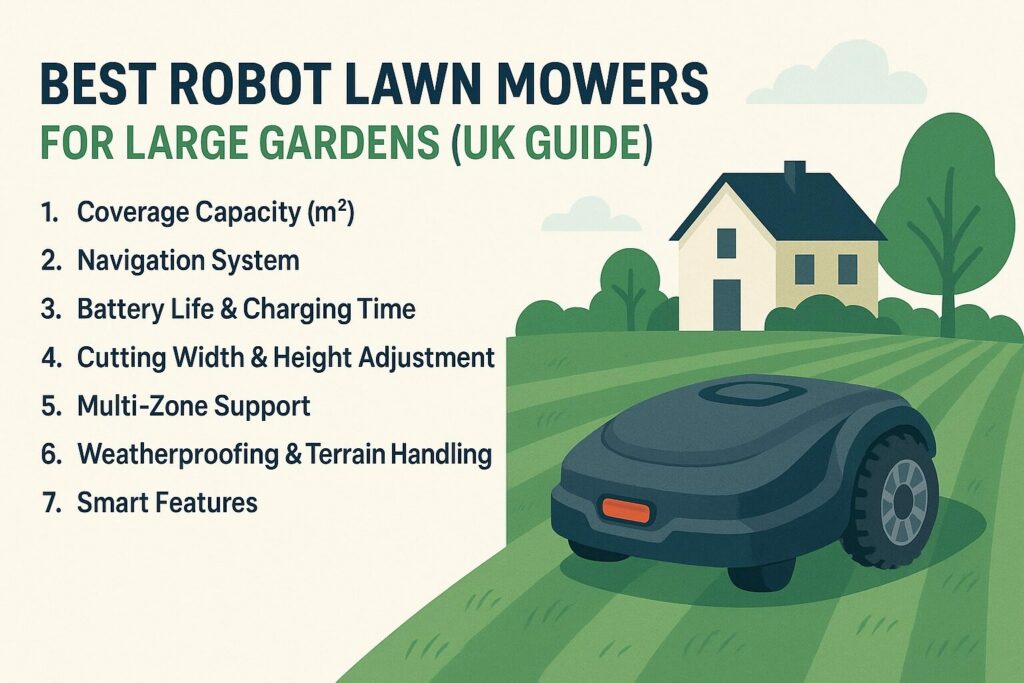 Illustration of a robot lawn mower in a large UK garden, showing a house and a list of key features including navigation, battery life, and smart features