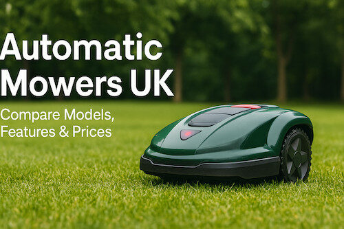 Dark green automatic lawn mower cutting grass in a UK garden with trees in the background