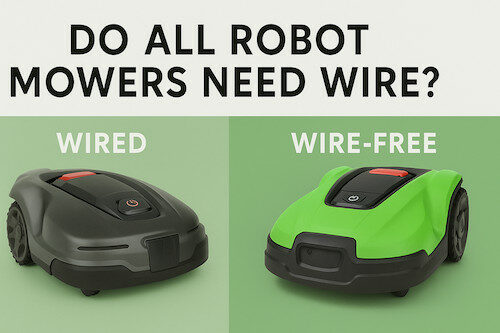 Side-by-side comparison of a wired robot lawn mower and a wire-free GPS mower