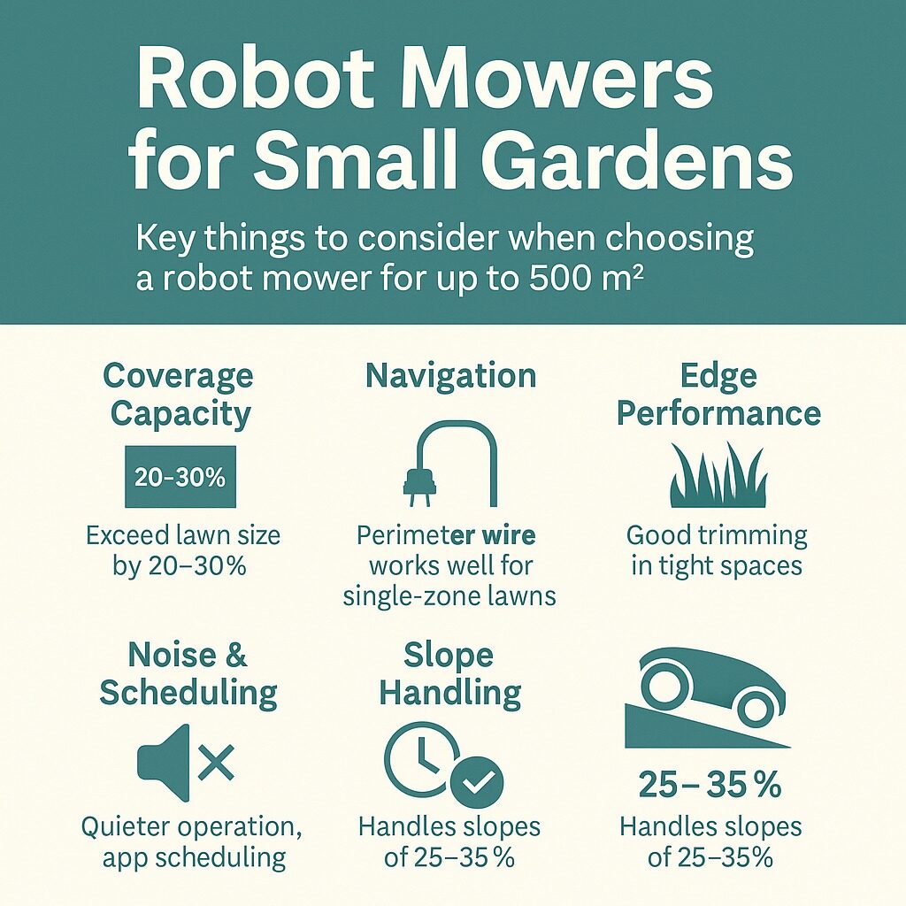 Informative poster comparing wired vs wire-free robot mowers for small gardens