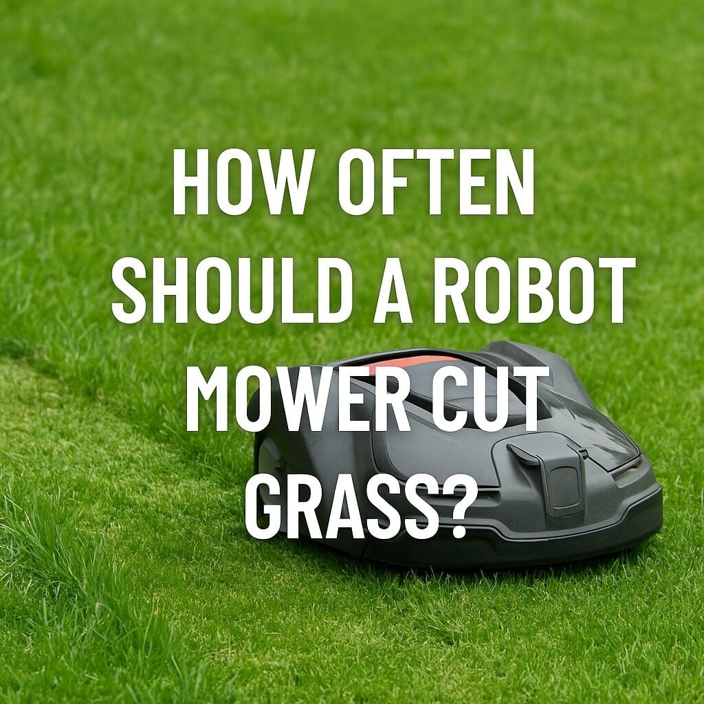 Robotic lawn mower cutting grass with text overlay reading “How often should a robot mower cut grass?”.