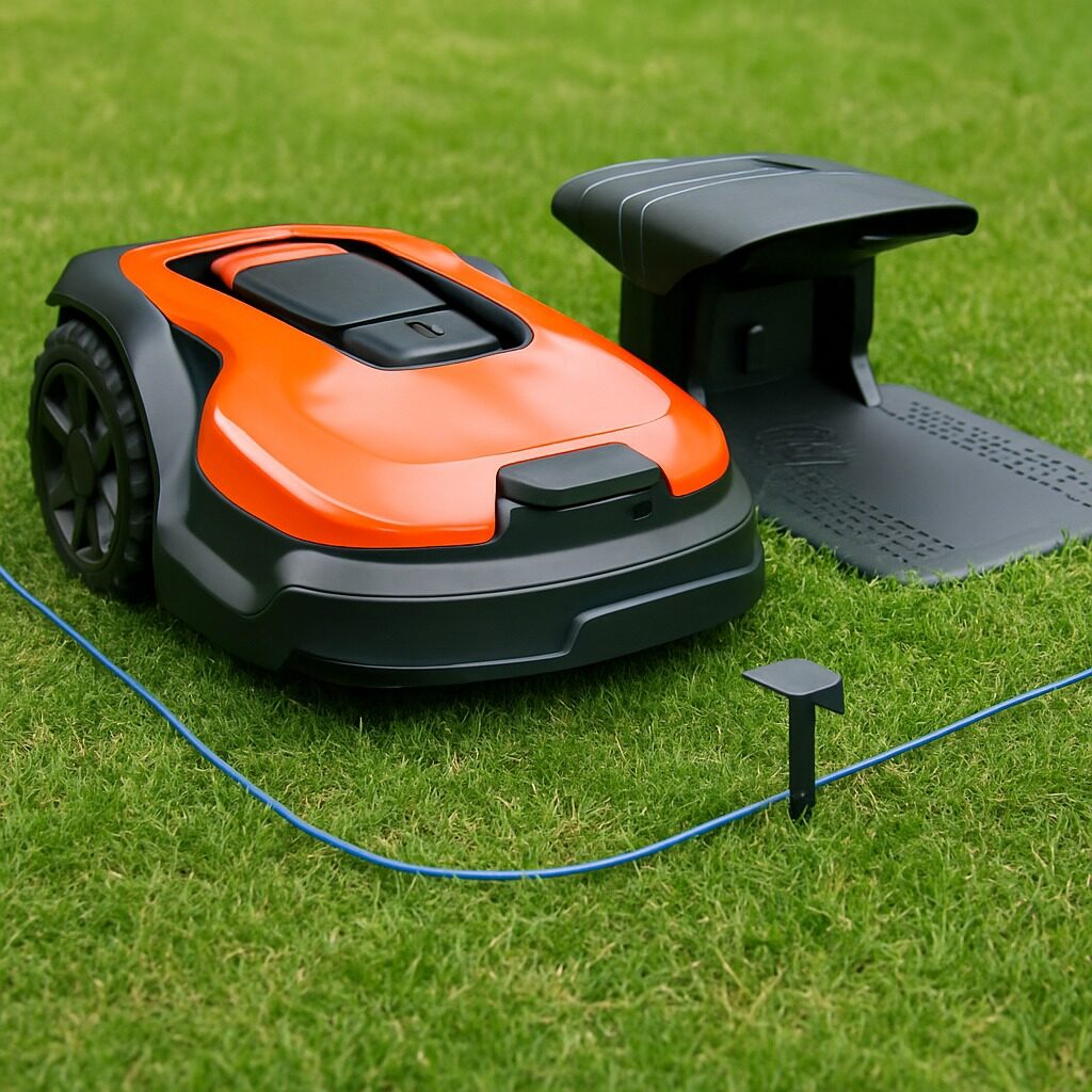 Robot lawn mower set up on grass with perimeter wire visible