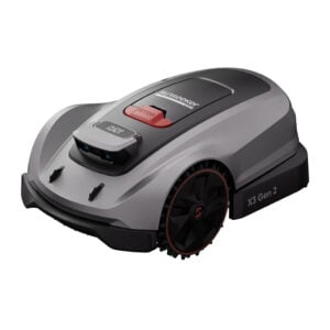 Sunseeker Elite X3 Gen 2 robot lawn mower in grey and black, shown from the front and side