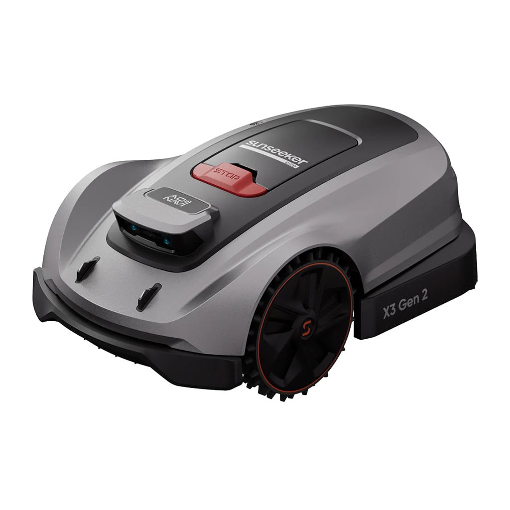 Sunseeker Elite X3 Gen 2 robot lawn mower in grey and black, shown from the front and side