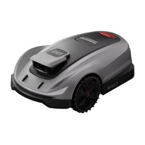 Sunseeker Elite X5 Gen 2 robot lawn mower in grey and black, shown from a front three-quarter angle