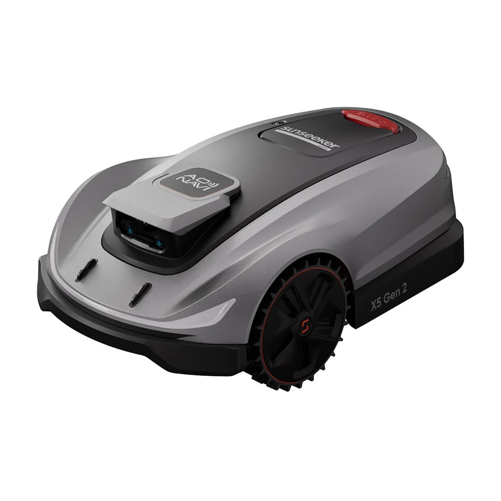 Sunseeker Elite X5 Gen 2 robot lawn mower in grey and black, shown from a front three-quarter angle